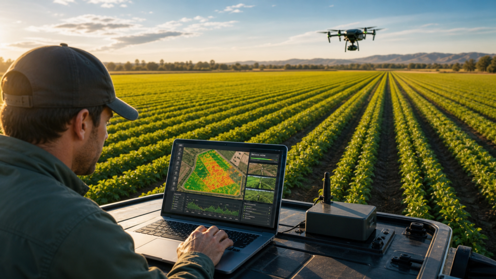Dron sobrevolando un cultivo agrícola mientras una persona analiza imágenes aéreas y datos en una tablet, representando la supervisión agrícola mediante drones en teleformación.