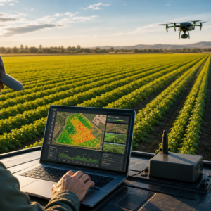 Dron sobrevolando un cultivo agrícola mientras una persona analiza imágenes aéreas y datos en una tablet, representando la supervisión agrícola mediante drones en teleformación.