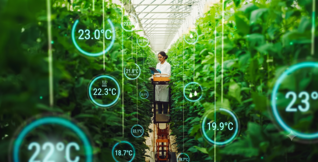 Técnica agrónoma monitorizando parámetros ambientales de un invernadero mediante sensores IoT e inteligencia artificial