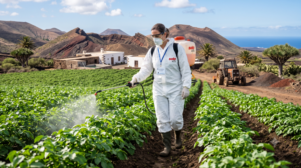 Agricultor con traje de protección EPI y mascarilla aplicando tratamiento fitosanitario en un cultivo de papas en Canarias, con paisaje volcánico y mar de fondo.