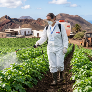 Agricultor con traje de protección EPI y mascarilla aplicando tratamiento fitosanitario en un cultivo de papas en Canarias, con paisaje volcánico y mar de fondo.