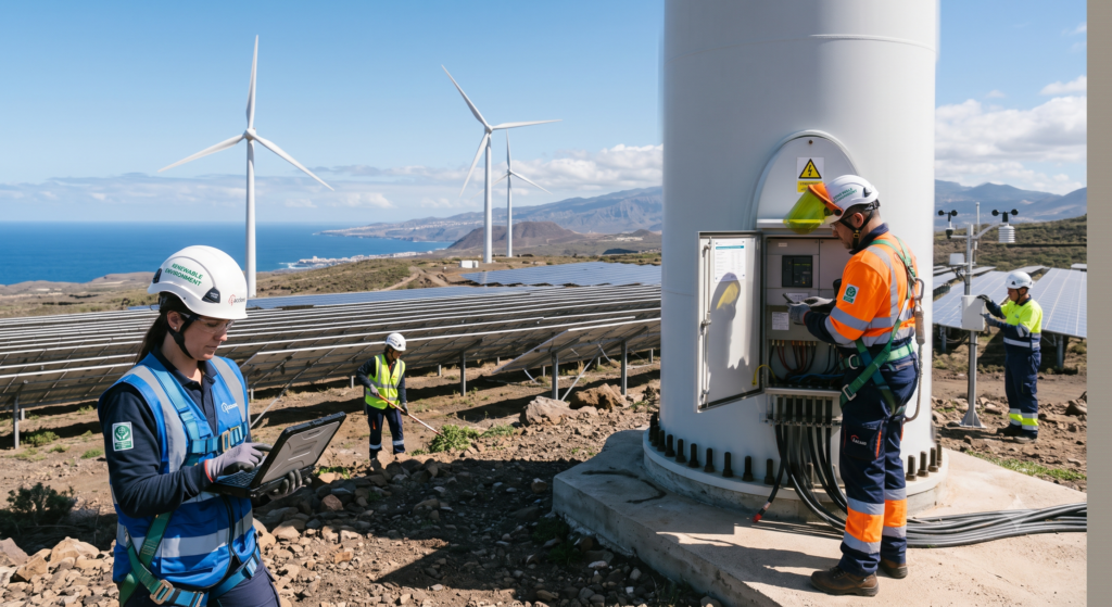 Técnicos con equipos de protección individual realizando tareas de inspección y gestión ambiental en una planta de energías renovables, rodeados de aerogeneradores y paneles solares cerca de la costa.