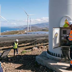 Técnicos con equipos de protección individual realizando tareas de inspección y gestión ambiental en una planta de energías renovables, rodeados de aerogeneradores y paneles solares cerca de la costa.