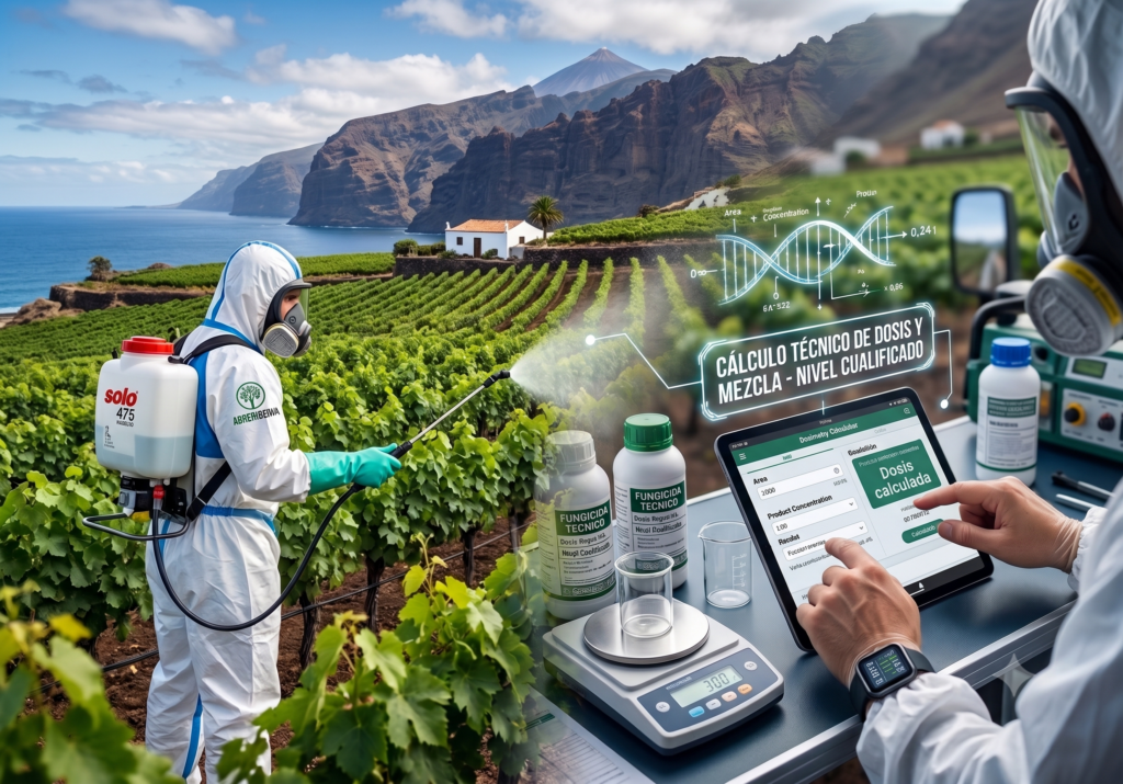 Especialista con traje de protección fumigando un viñedo costero y técnico utilizando una tablet con software de cálculo de dosis y mezcla de fitosanitarios de nivel cualificado.