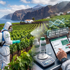 Especialista con traje de protección fumigando un viñedo costero y técnico utilizando una tablet con software de cálculo de dosis y mezcla de fitosanitarios de nivel cualificado.