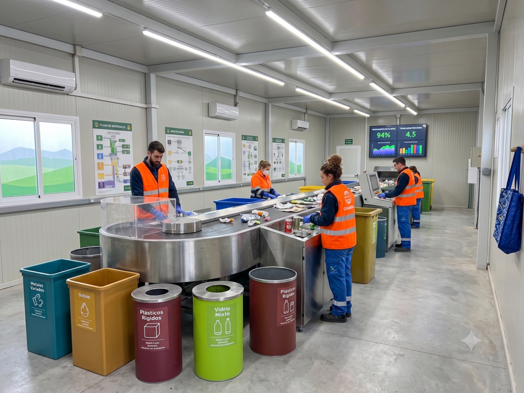 Operarios con chalecos reflectantes clasificando envases plásticos y latas en una cinta transportadora de una planta de reciclaje moderna, rodeados de contenedores de colores etiquetados en español y pantallas con datos de eficiencia.