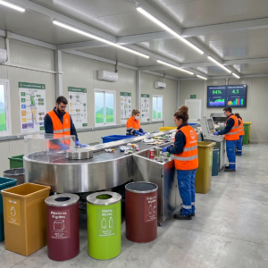 Operarios con chalecos reflectantes clasificando envases plásticos y latas en una cinta transportadora de una planta de reciclaje moderna, rodeados de contenedores de colores etiquetados en español y pantallas con datos de eficiencia.