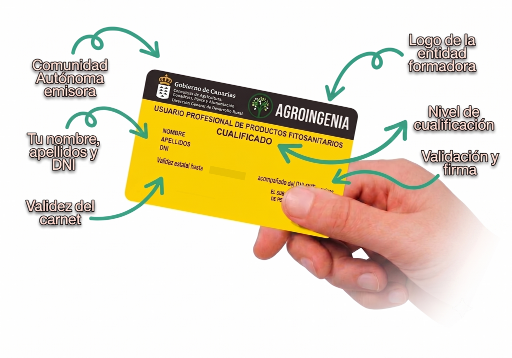 Mano sosteniendo el carnet oficial de usuario profesional de productos fitosanitarios nivel cualificado de Agroingenia, detallando partes como la comunidad autónoma, nivel de cualificación y validez.