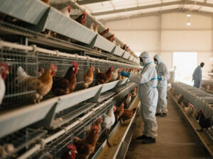 Técnico con equipo de bioseguridad inspeccionando aves en una explotación avícola de producción de carne